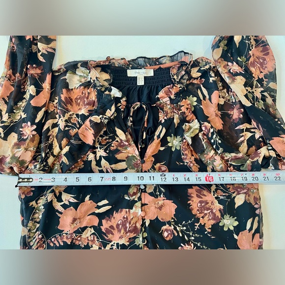 Haver & Blair Boho Flowy Sheer Floral Riffled Blouse Large Black Rust Olive - Picture 8 of 14